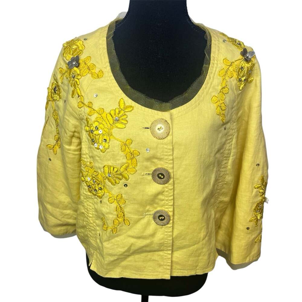 The Collective Works of BEREK 100% LINEN Jacket Top Sz L Embroidered Metal